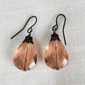 Beautiful Peachy Pink Glass Faceted Teardrop Dangle Earrings